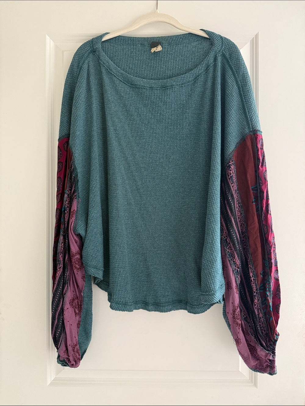 Free People • Relaxed Teal Knit Top with Patterned Balloon Sleeves